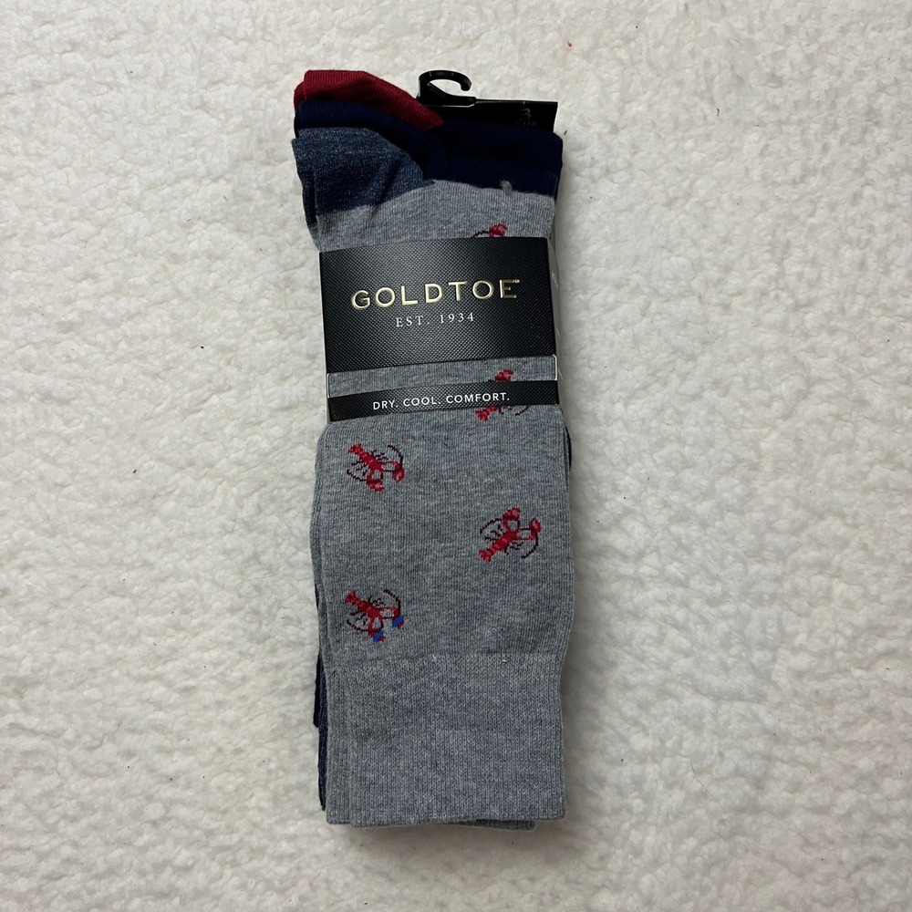 Gold Toe Mens Crew Socks AquaFX Reinforced Toe Nautical Anchor Blue Grey New